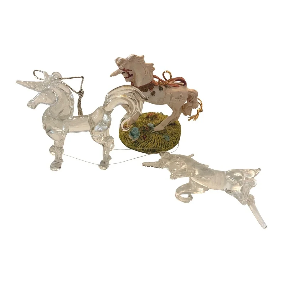 Vintage Unicorn Ornament Set Resin Handcrafted Silver City Clear Glass Style 3pc